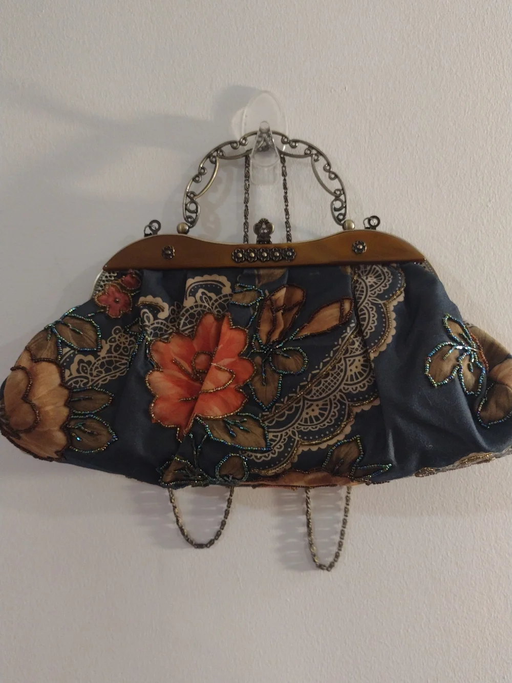 Vintage Floral Beaded Evening Clutch - Black & Tan